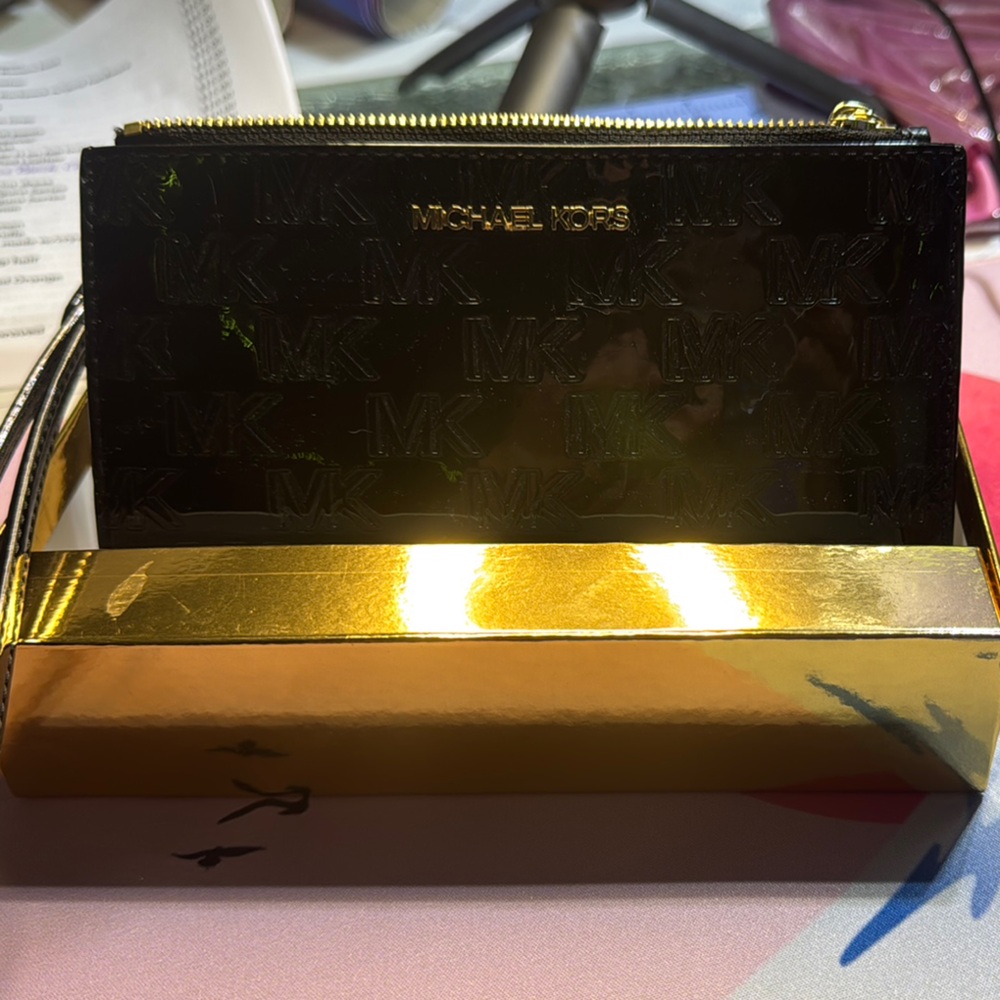 Michael Kors Black and Gold Clutch with Metallic Accents